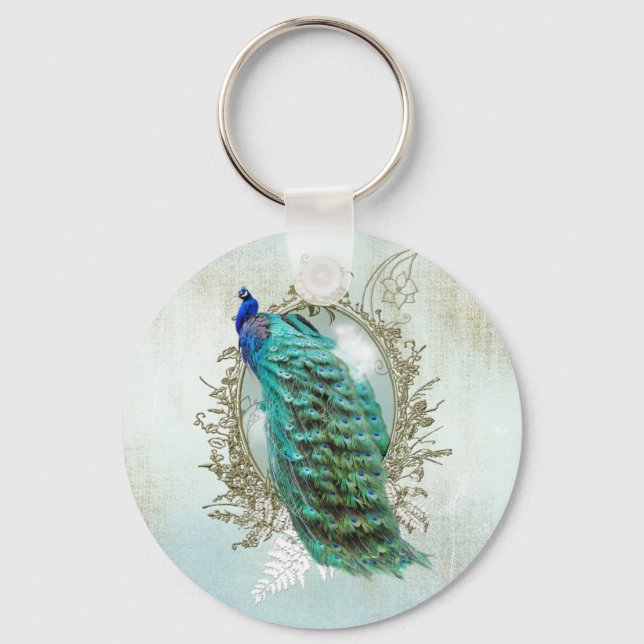 peacock beautiful turquoise vintage shabby bird keychain (Front)