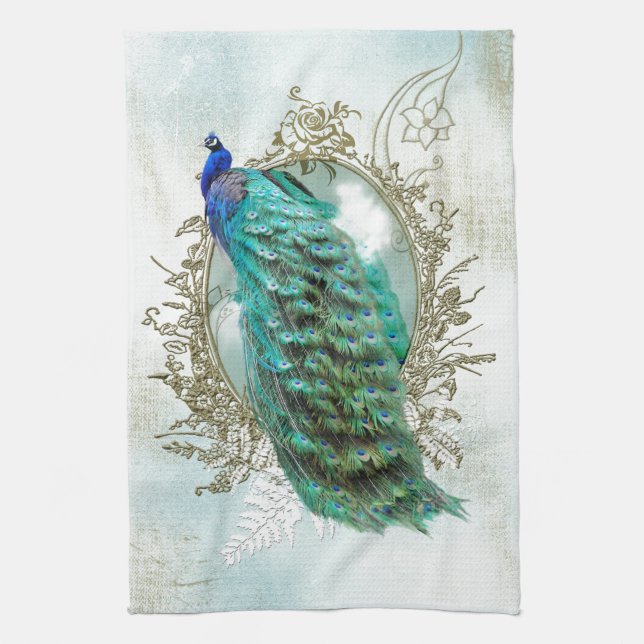 peacock beautiful turquoise vintage shabby bird kitchen towel (Vertical)