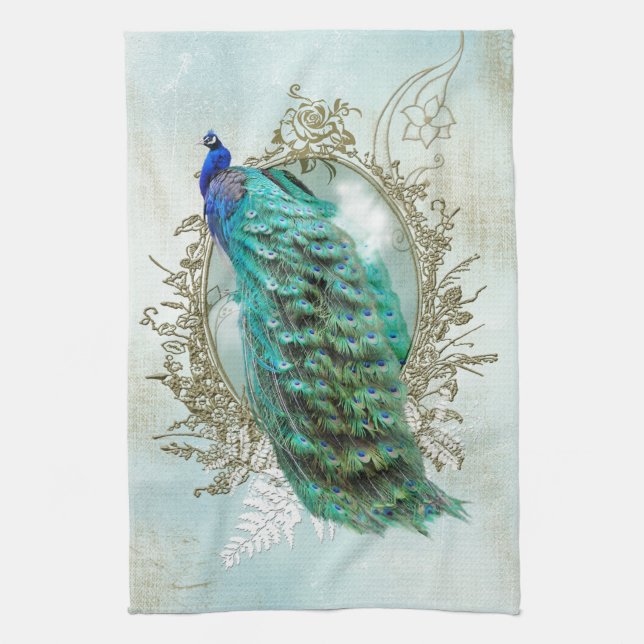 peacock beautiful turquoise vintage shabby bird kitchen towel (Vertical)