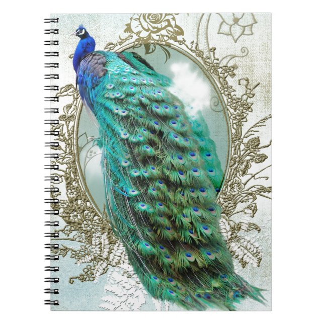 peacock beautiful turquoise vintage shabby bird notebook (Front)