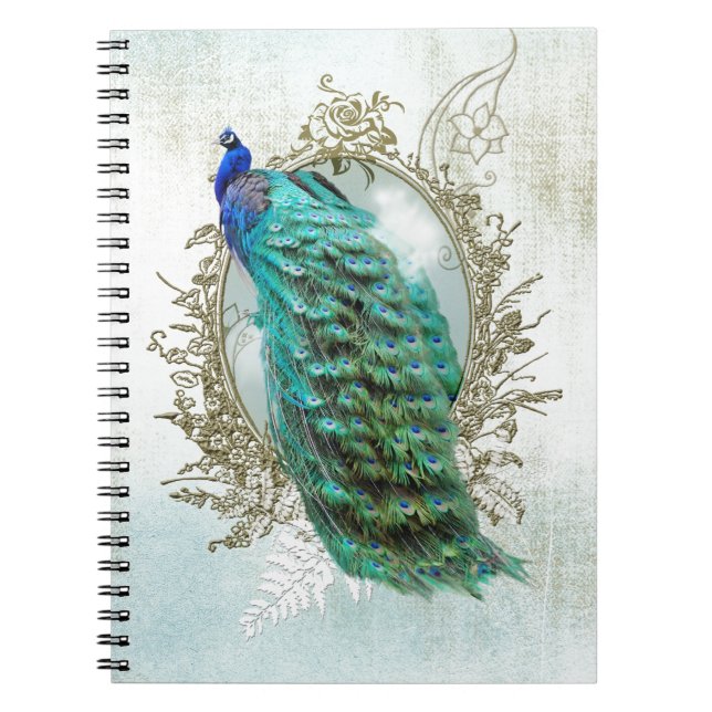 peacock beautiful turquoise vintage shabby bird notebook (Front)