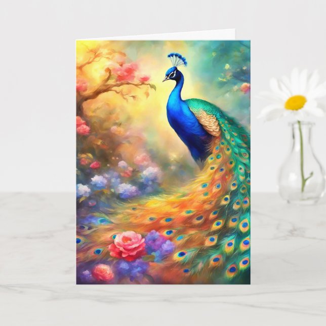 Peacock Bird 100 with flowers Card (Small Plant)