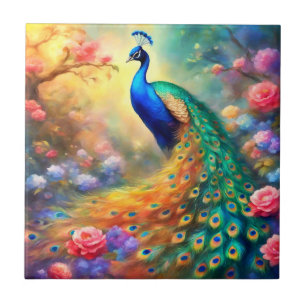 Peacock Bird 100 with flowers Tile