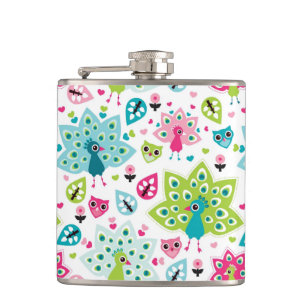 peacock bird and owl hip flask