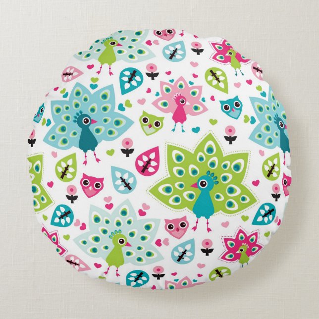peacock bird and owl round pillow (Front)