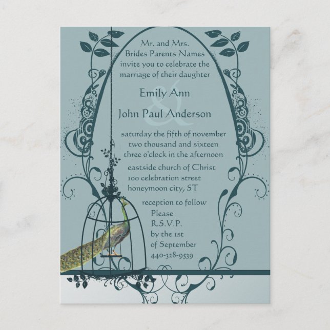Peacock Bird Cage Post Card Wedding Invitation (Front)
