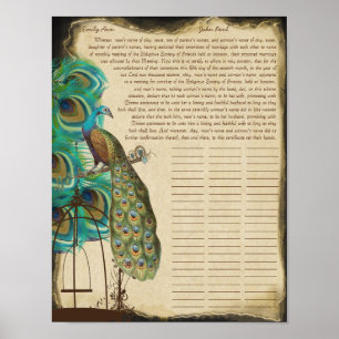 Peacock Bird Cage Print Quaker Wedding Certificate