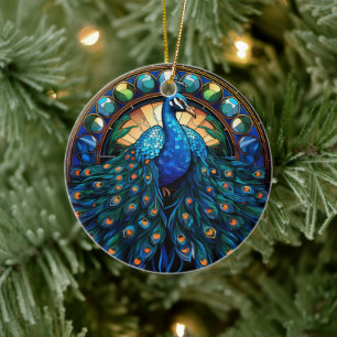 Peacock Bird Ceramic Decor Stained glass look Ornament