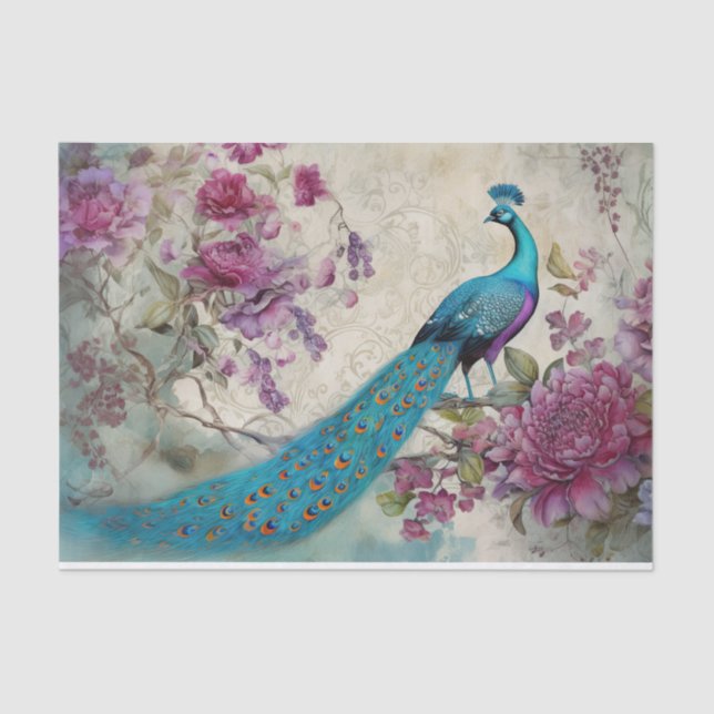 Peacock Bird Colourful Floral Background Decoupage Tissue Paper (Front)