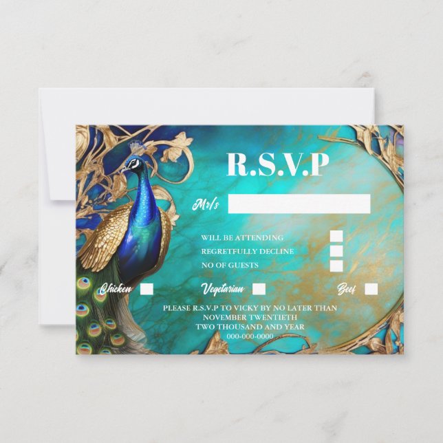 Peacock bird elegant marbled teal background chic RSVP card (Front)