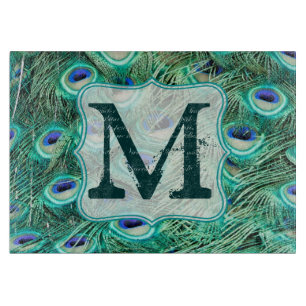 Peacock Bird Feather Monogram Glass Cutting Board