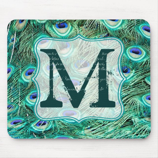 Peacock Bird Feather Monogram Initial Mouse Pad (Front)