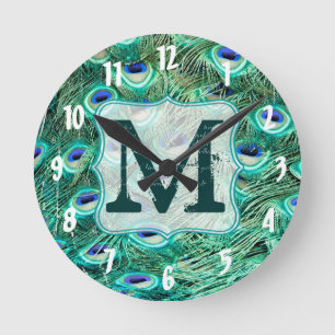 Peacock Bird Feather Monogram Initial Wall Clock