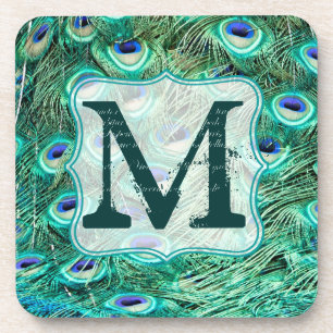 Peacock Bird Feather Teal Monogram Drink Coaster