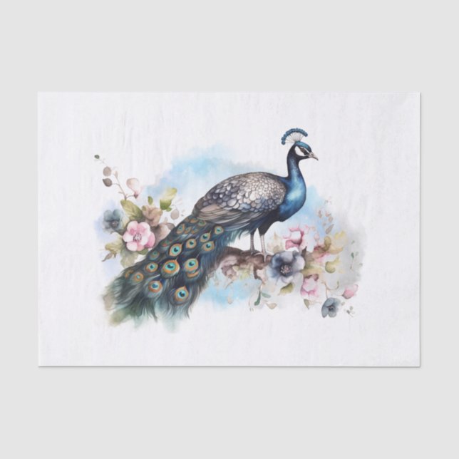 Peacock Bird Floral Watercolor Tissue Paper (Front)