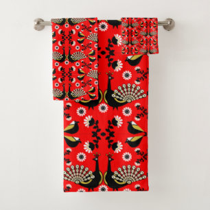 Peacock Bird Folk Art. Bath Towel Set
