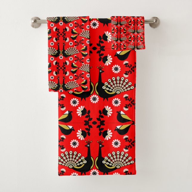 Peacock Bird Folk Art.    Bath Towel Set (Insitu)