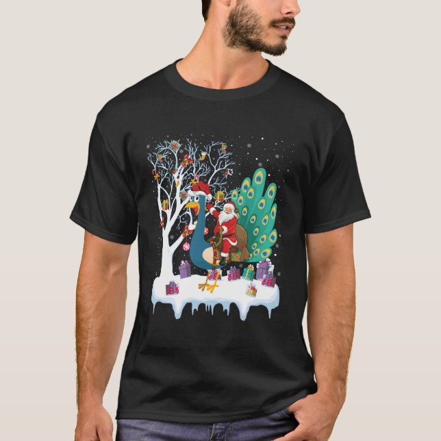 Peacock Bird Lover Xmas Gift Santa Riding Peacock  T-Shirt (Front)