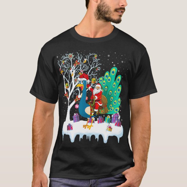 Peacock Bird Lover Xmas Gift Santa Riding T-Shirt (Front)