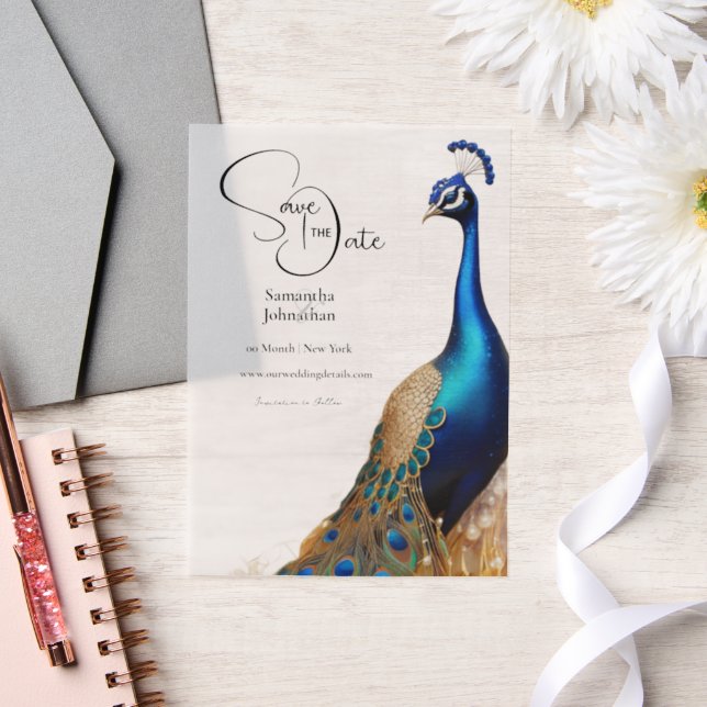 Peacock bird overlay summer garden engagement vellum invitations (Wedding)