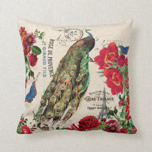 Peacock Bird Roses Cacao Flower Paris Throw Pillow