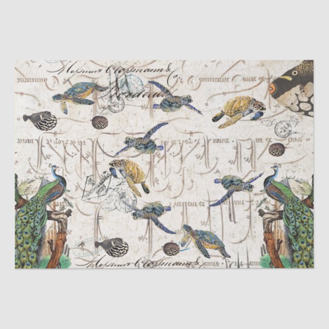 Peacock Bird Sea Turtle Blowfish French Ephemera Tissue Paper (Front)