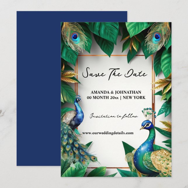 Peacock birds luxury bird feathers elegant save the date (Front/Back)