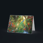 Peacock Birds of Paradise Landscape Painting Card<br><div class="desc">Send serene greetings for any occasion with this beautiful card that pictures an elegant peacock perched on a rock in the middle of a picturesque pond,  surrounded by jungle foliage and blooming birds of paradise.</div>