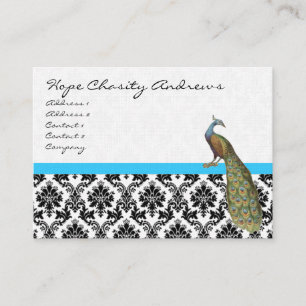 Peacock Black White Damask Bright Aqua Trim Business Card