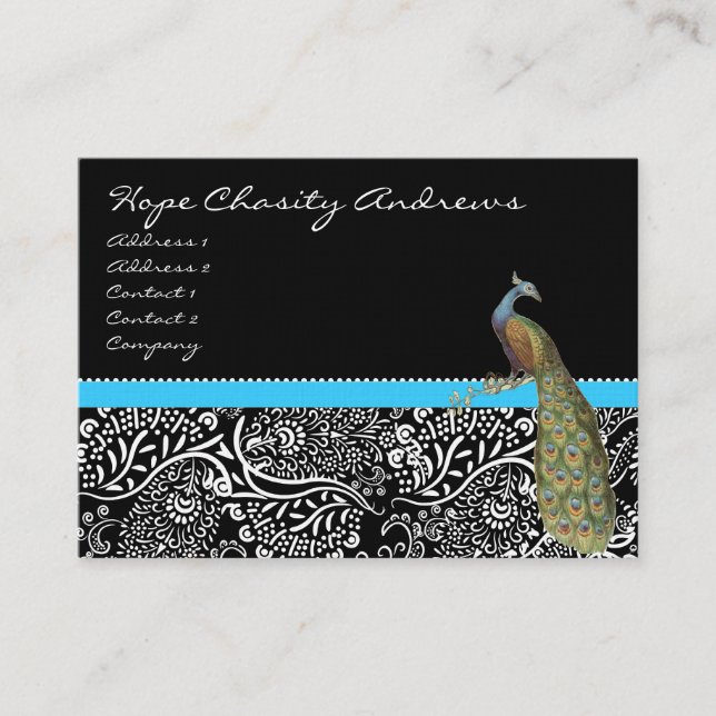 Peacock Black White Damask Bright Aqua Trim Business Card (Front)