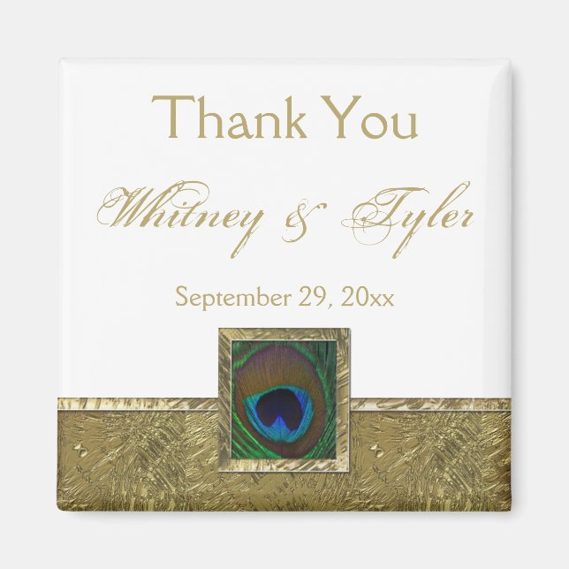 Peacock Blanc, Or Plumes Mariage Faveur Aimant (Devant)