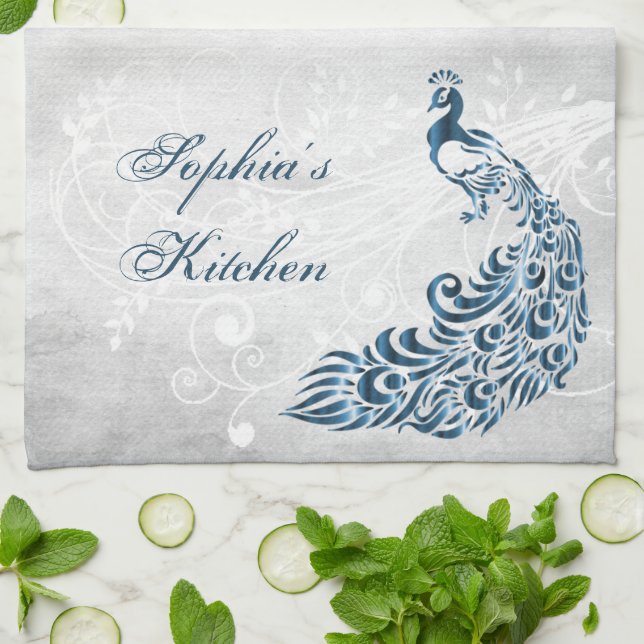 Peacock bleu Serviette de cuisine personnalisée (Plié)