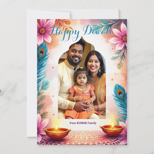 Peacock Bloom Diwali Greeting Card (Front)