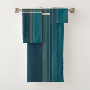 Peacock Blue and Grey Stripes Bath Towel Set