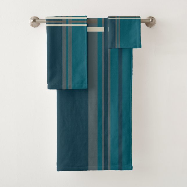 Peacock Blue and Grey Stripes Bath Towel Set (Insitu)