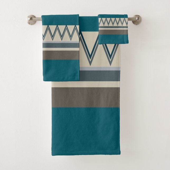 Peacock Blue and Grey Stripes Bath Towel Set (Insitu)