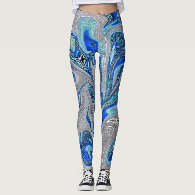 Peacock Blue and Silver Marbled Abstract Leggings (Front)