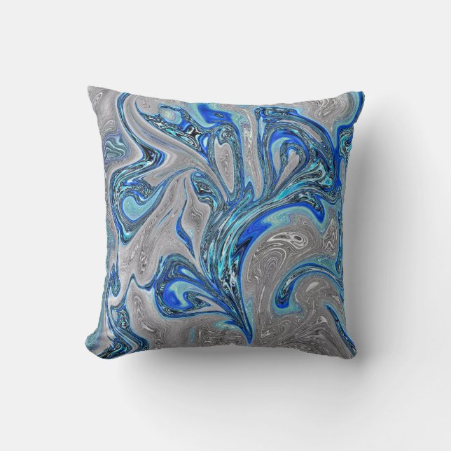 Peacock Blue and Silver Marbled Abstract Throw Pillow (Front)