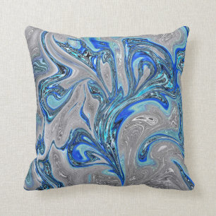 Peacock Blue and Silver Marbled Abstract Throw Pillow