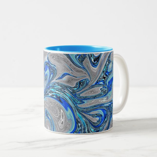 Peacock Blue and Silver Marbled Abstract Two-Tone Coffee Mug (Front Right)