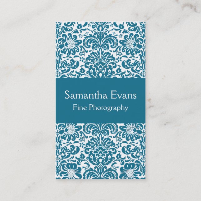 Peacock Blue and White Damask Business Card (Front)
