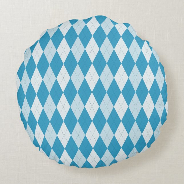 Peacock Blue Argyle Small Diamond Shape Round Pillow (Back)