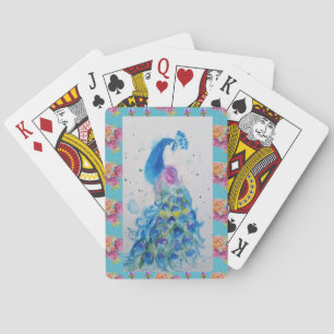 Peacock Blue Bird Watercolor Aqua Playing Cards