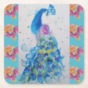 Peacock Blue Bird Watercolor Aqua Rose Coaster