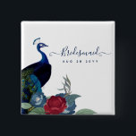 Peacock Blue Burgundy Winter Fall Wedding 2 Inch Square Button<br><div class="desc">Beautiful Peacock with Teal and blue, burgundy flowers, sage green leaves feature on this fall, autumn, winter wedding items. Part of a larger collection that includes budget wedding invitations, save the dates, RSVPs, thank you photo cards, bridal and wedding party gifts, and more. For a detailed FREE winter wedding planning,...</div>