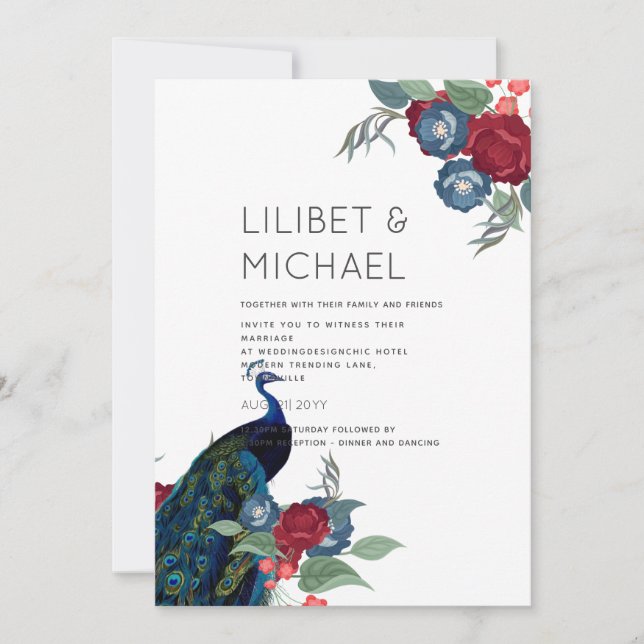 Peacock Blue Burgundy Winter Fall Wedding Budget Invitation (Front)