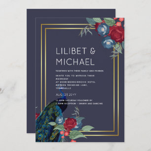 Peacock Blue Burgundy Winter Fall Wedding Invitation