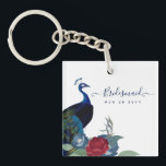 Peacock Blue Burgundy Winter Fall Wedding Keychain<br><div class="desc">Beautiful Peacock with Teal and blue, burgundy flowers, sage green leaves feature on this fall, autumn, winter wedding items. Part of a larger collection that includes budget wedding invitations, save the dates, RSVPs, thank you photo cards, bridal and wedding party gifts, and more. For a detailed FREE winter wedding planning,...</div>