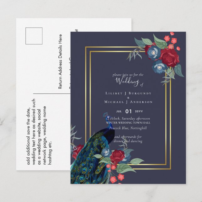 Peacock Blue Burgundy Winter Fall Wedding Postcard (Front/Back)