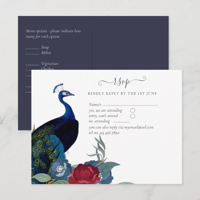 Peacock Blue Burgundy Winter Fall Wedding Postcard (Front/Back)